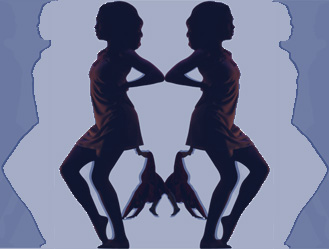 Image of dancers reflected back to back on hues of blue